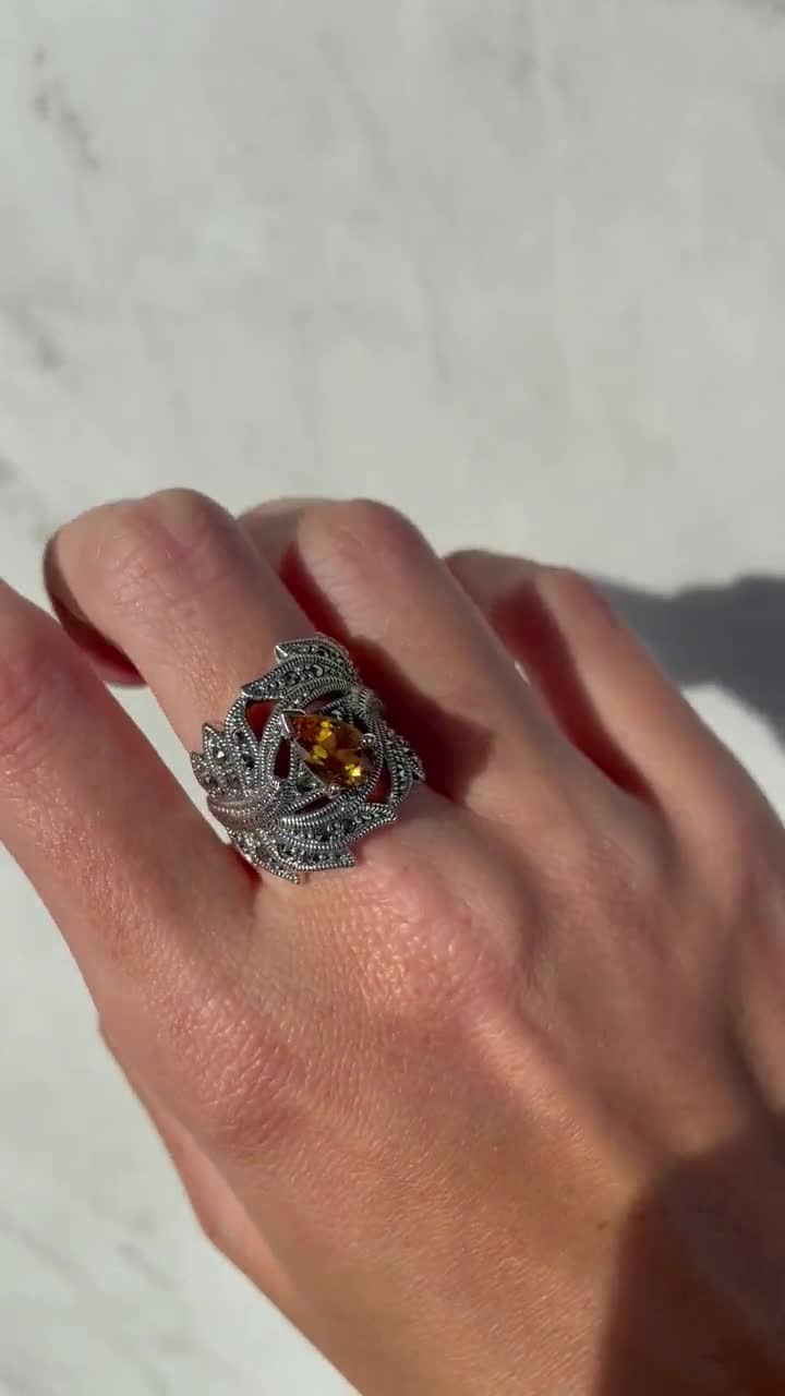 Bague Art Déco En Argent Massif Filigrané Avec Citrine Véritable Et Perle - Neuf Sans Emballage