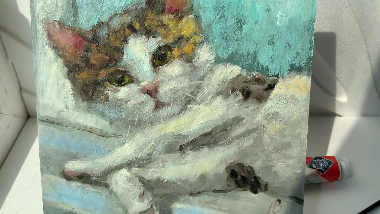 猫の油絵 かわいい白猫の肖像画 ペット動物 オリジナルアート 印象派