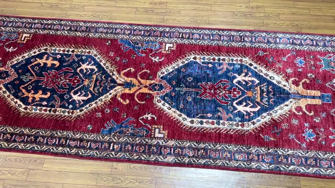 トライバルラグ　ウズベキスタン産　ランナー 11 フィートの長い赤いランナー ラグ - 手編みのアフガニスタン ベジ