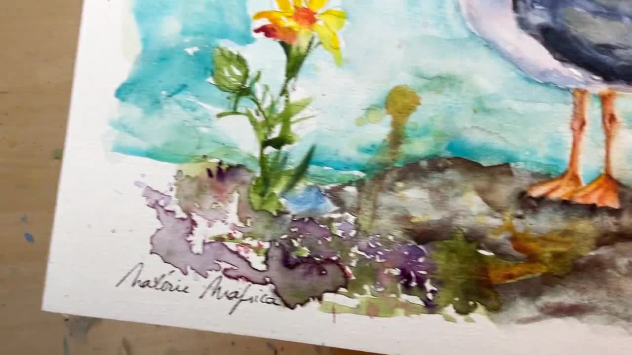 オリジナルの水彩画のカモメ、カモメの絵画、海洋をテーマにした