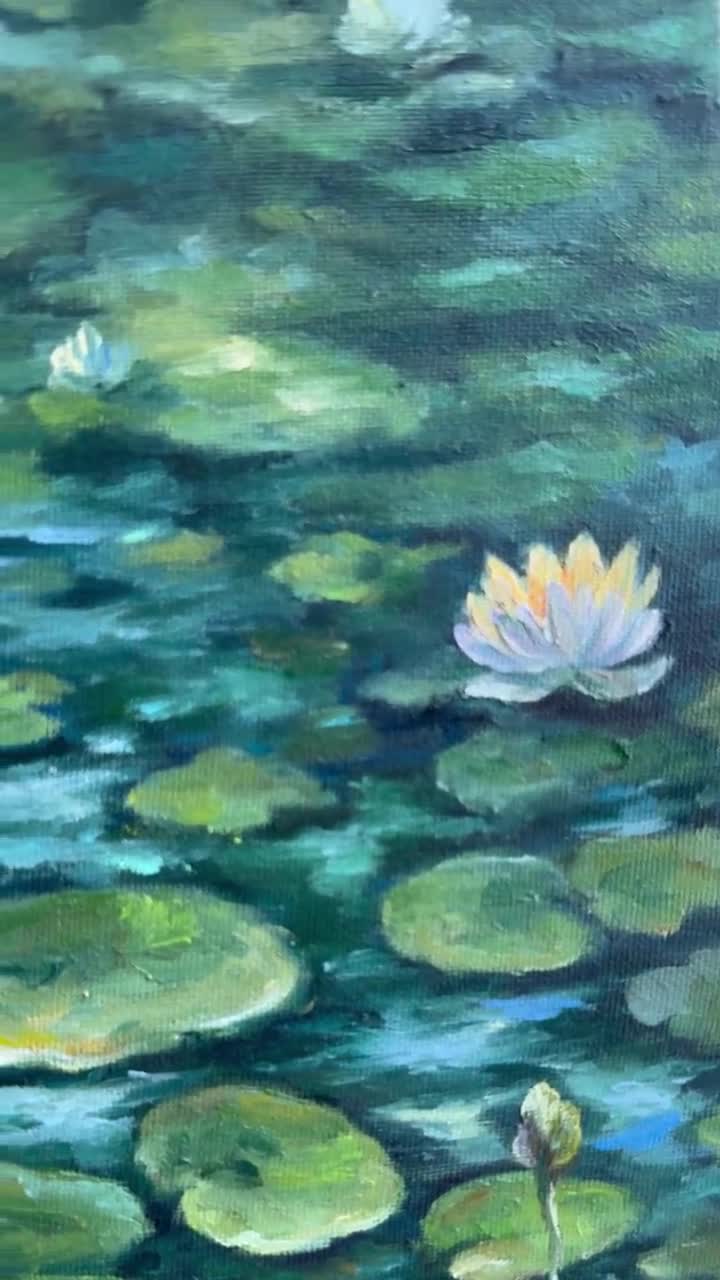 睡蓮の油絵：オリジナルの花の池のアート、10x10 キャンバス - Etsy 日本