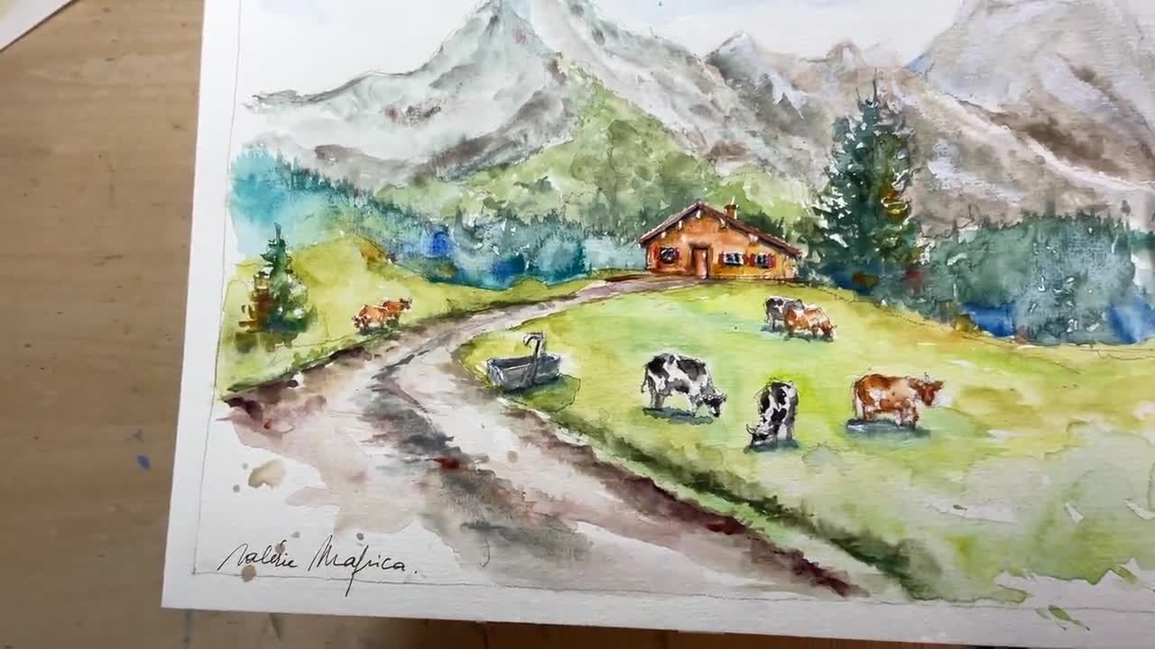 夏の山のオリジナル水彩画、山の風景画、アルプスの水彩画、アラヴィス