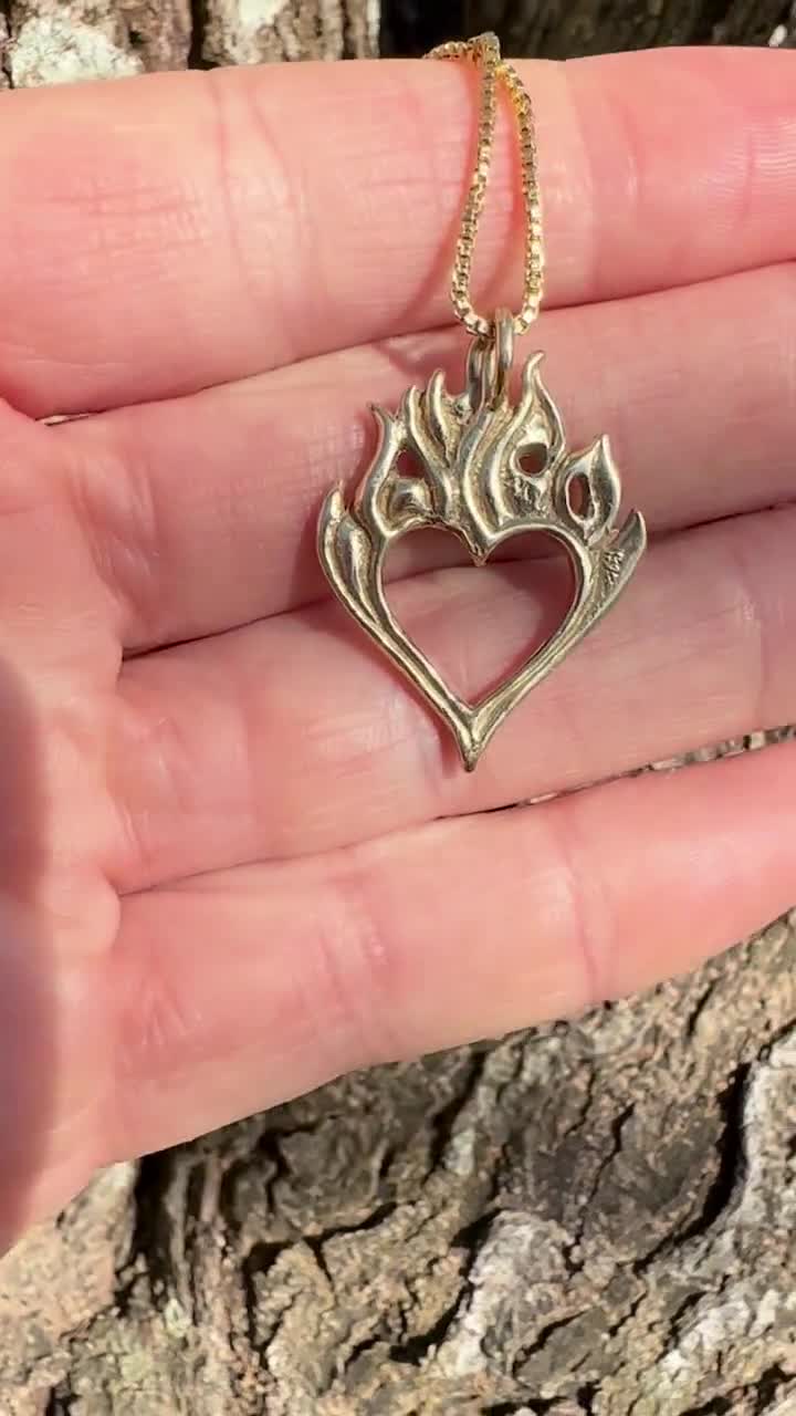 14k Gold Flaming Heart Necklace Gold Burning Love Pendant Heart