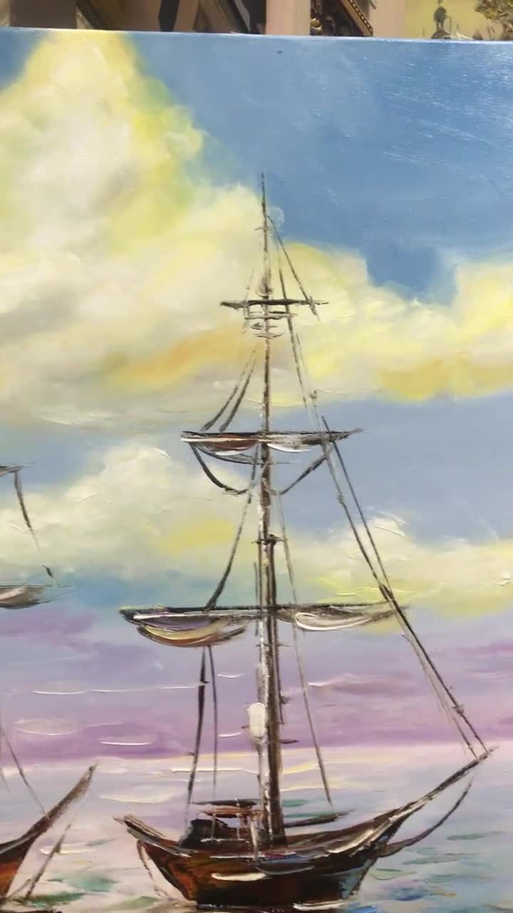 海に浮かぶ帆船の油絵、オリジナルの帆船の絵画、帆船の壁アート