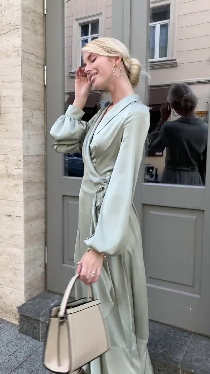 Moss Green Silk Wrap Dress Midi Silk Green Dress Bishop