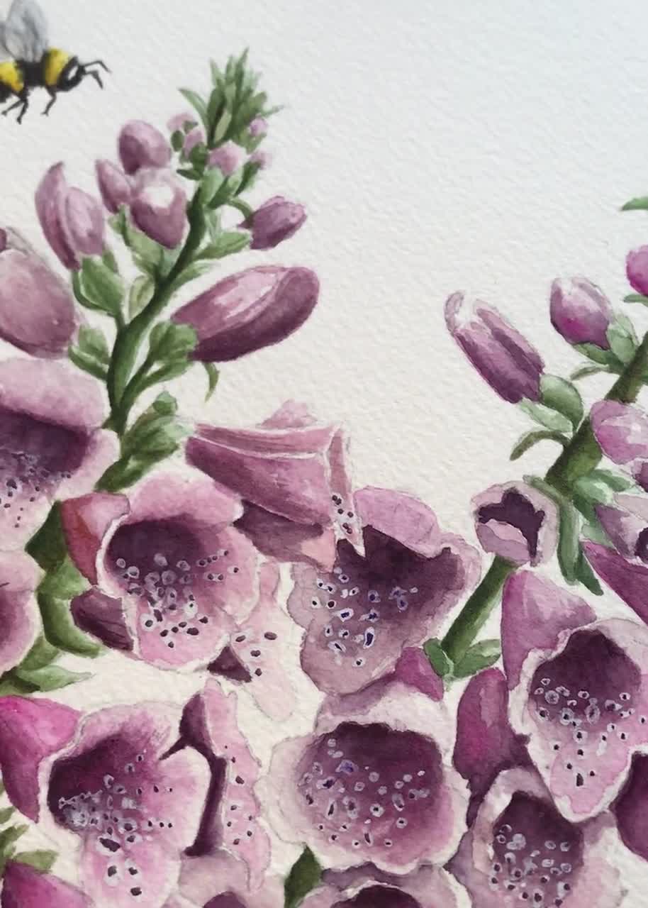 ジギタリスの花とミツバチの水彩画プリント、植物の壁アート