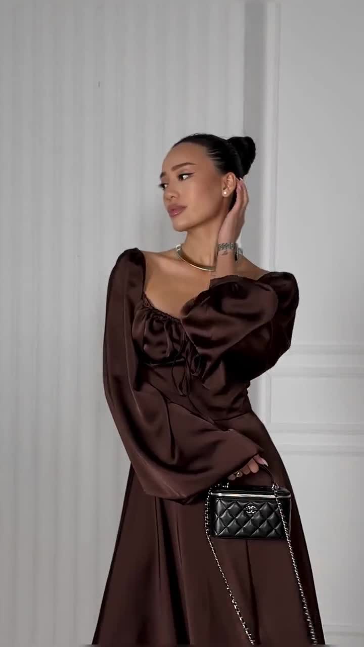 Long Sleeves Brown Silk Dress | Airy A-Line Maxi Gown | Formal Evening  Attire | Special Occasion Dress | Rehearsal Dinner Dress for Bride