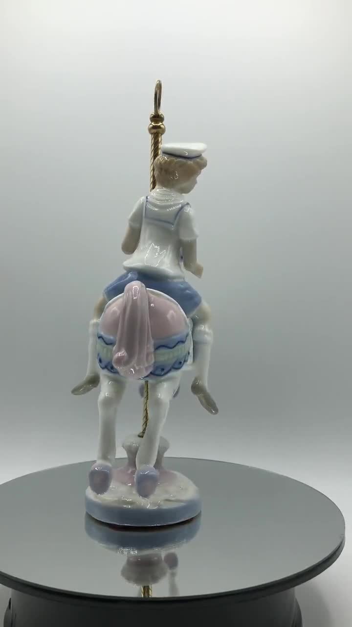 Vintage Paul Sebastian Porcelain Carousel Horse with Little Sailor Boy.  Brass Pole, Pastel Colors, Porcelain Base. 6