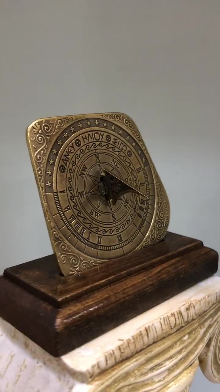 4-1/2 Antiqued Brass Sundial Compass with Wooden Box- Antique