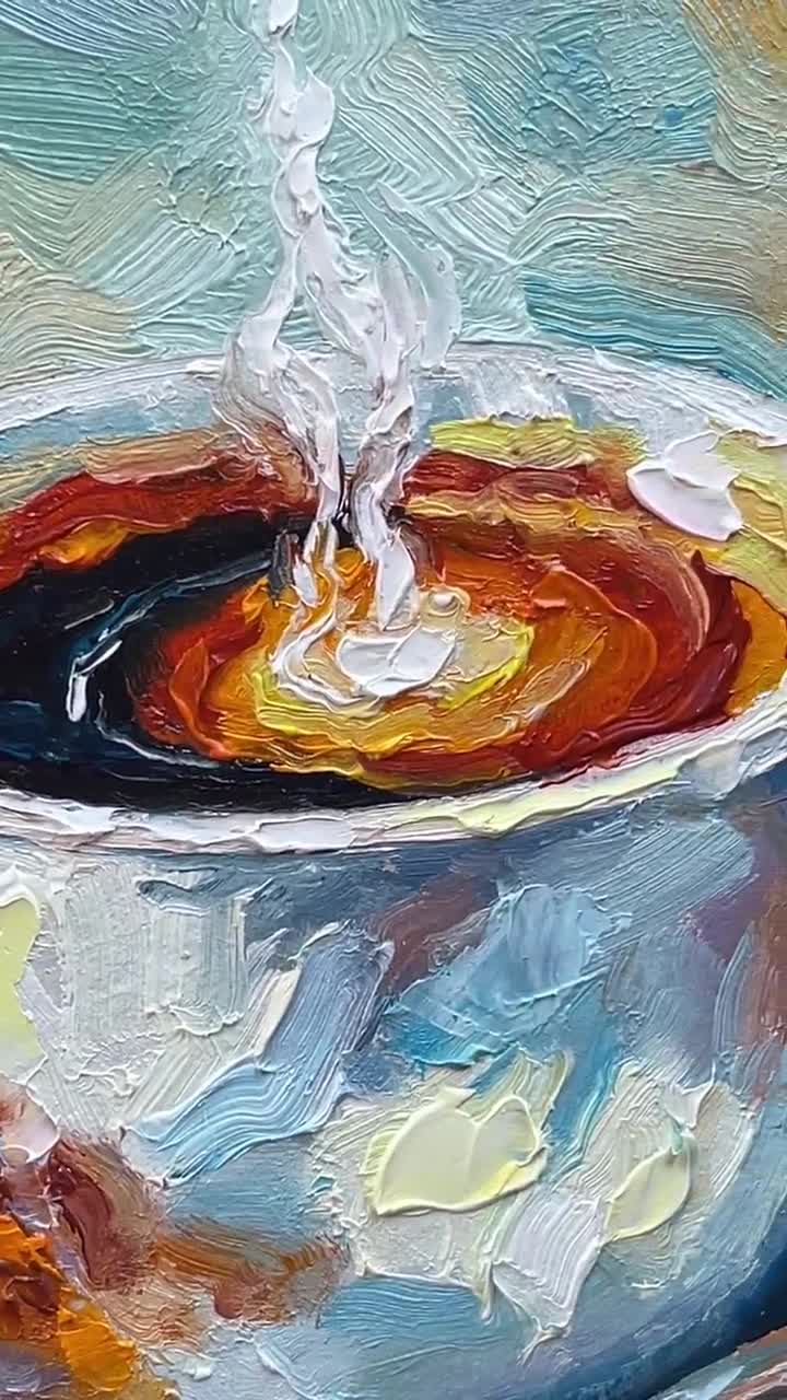 Coffee Cup Painting Croissant Original Art Kitchen Wall Art