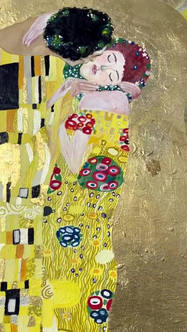 クリムトにインスパイアされた絵画：金箔アクリル流体アート（70 x 55