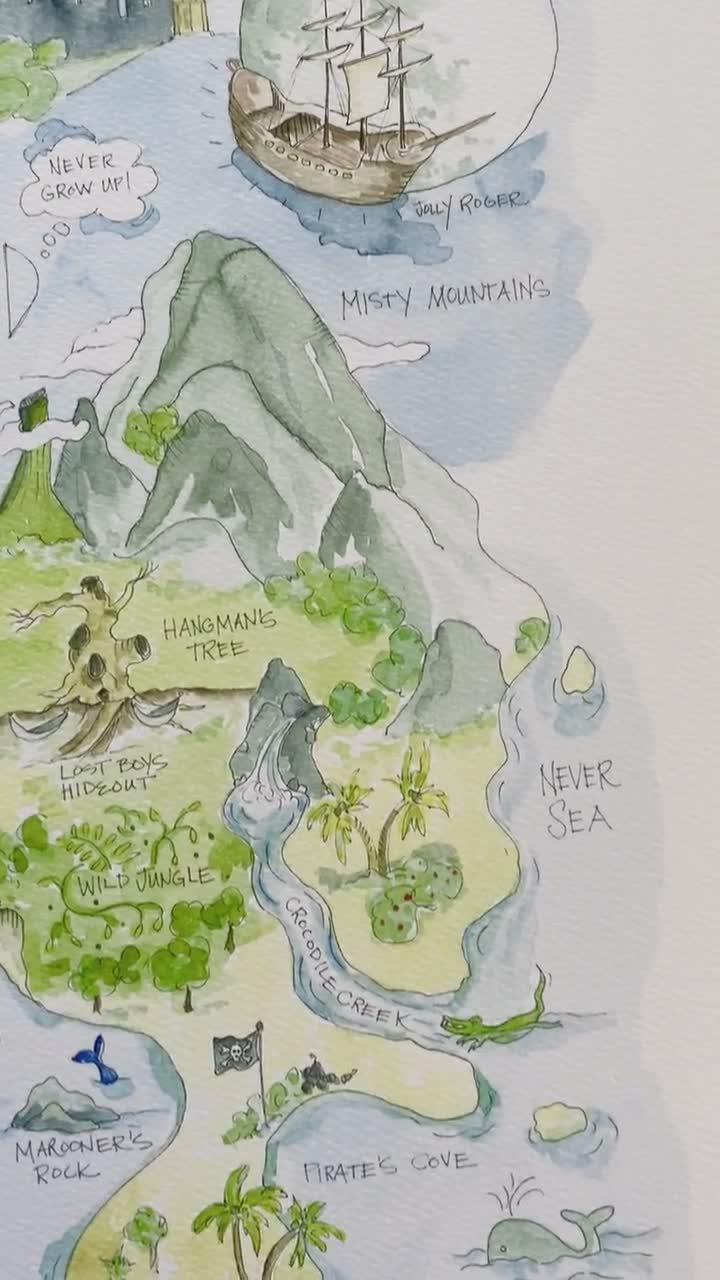Peter Pan's Neverland Watercolor Map Art Print video poster