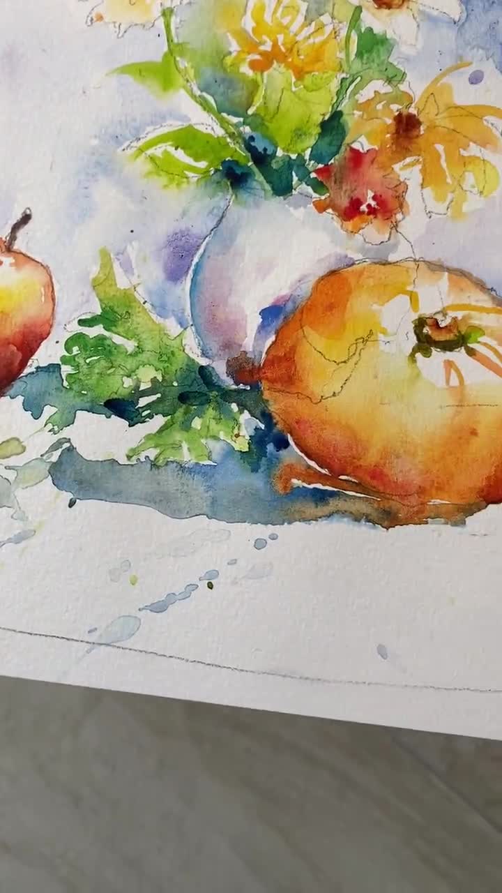 カボチャと秋の花のオリジナル水彩画 - 色鮮やかな静物画、キッチンの