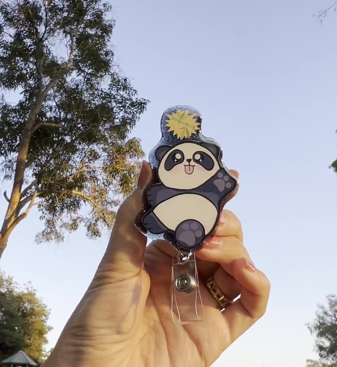 Panda Badge Reel, Kawaii Panda Badge Reel, Bamboo Panda, Jumping