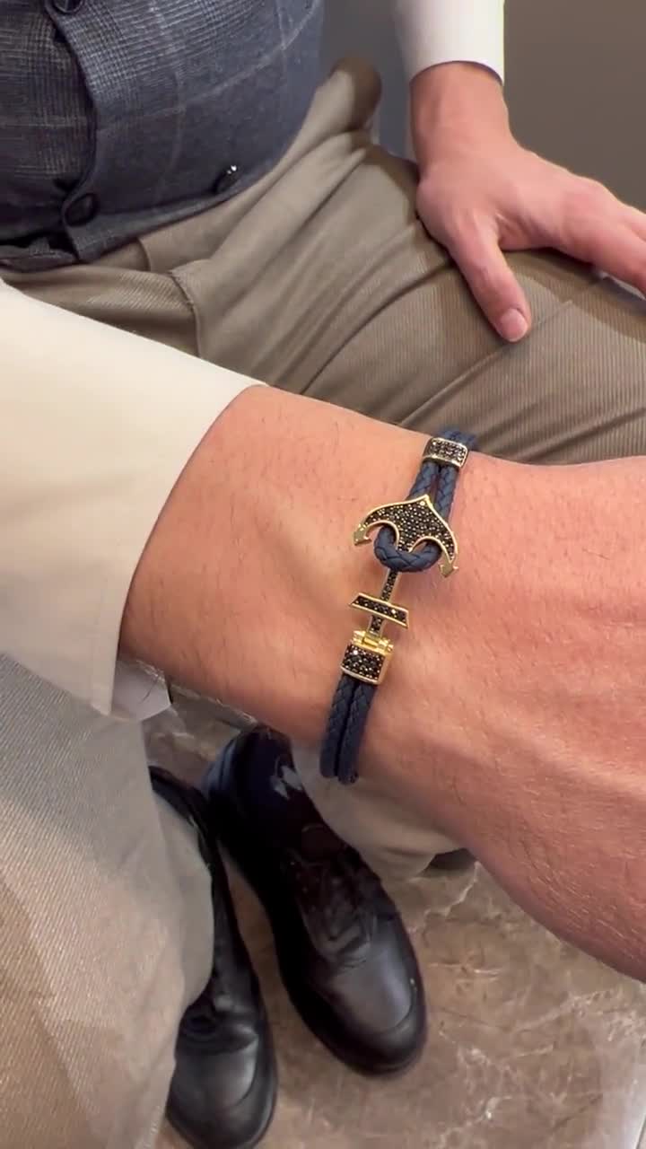 Fish Hook Bracelet for Men, 14K Solid Gold Nautical Men Bracelet