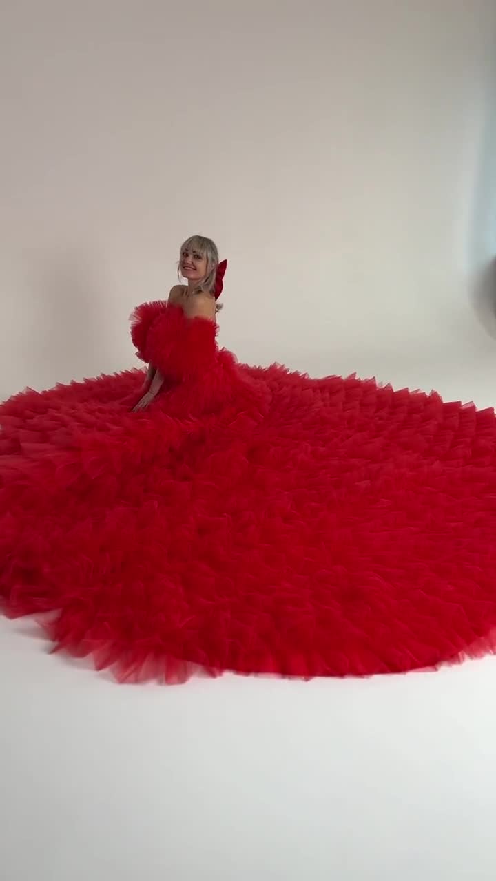 Red Long Dress.Fire Dress for A Photo Shoot,Endless Fluffy Trail,Lots of Ruffles and Puffy Sleeves,Red Hair Bow,Corset Red Dress,Red Chic