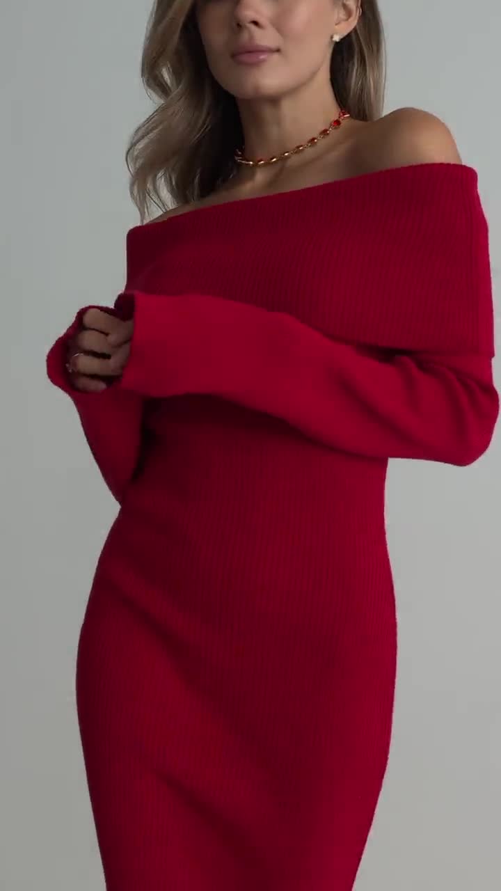 Red Knit Dress: Off Shoulder Bodycon Sweater Dress XS S M L