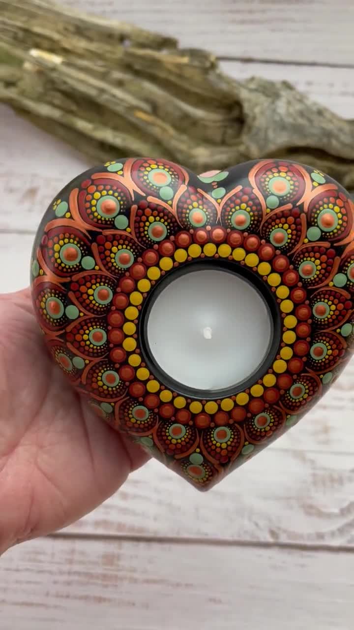 Dot Mandala Heart Tea Light Candle Holder Hand Painted Dot Art - Etsy