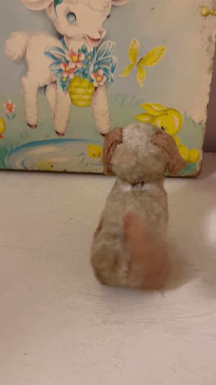 Vintage 50s Wind up Little Puppy Dog With Wagging Tail. Fuzzy Fur
