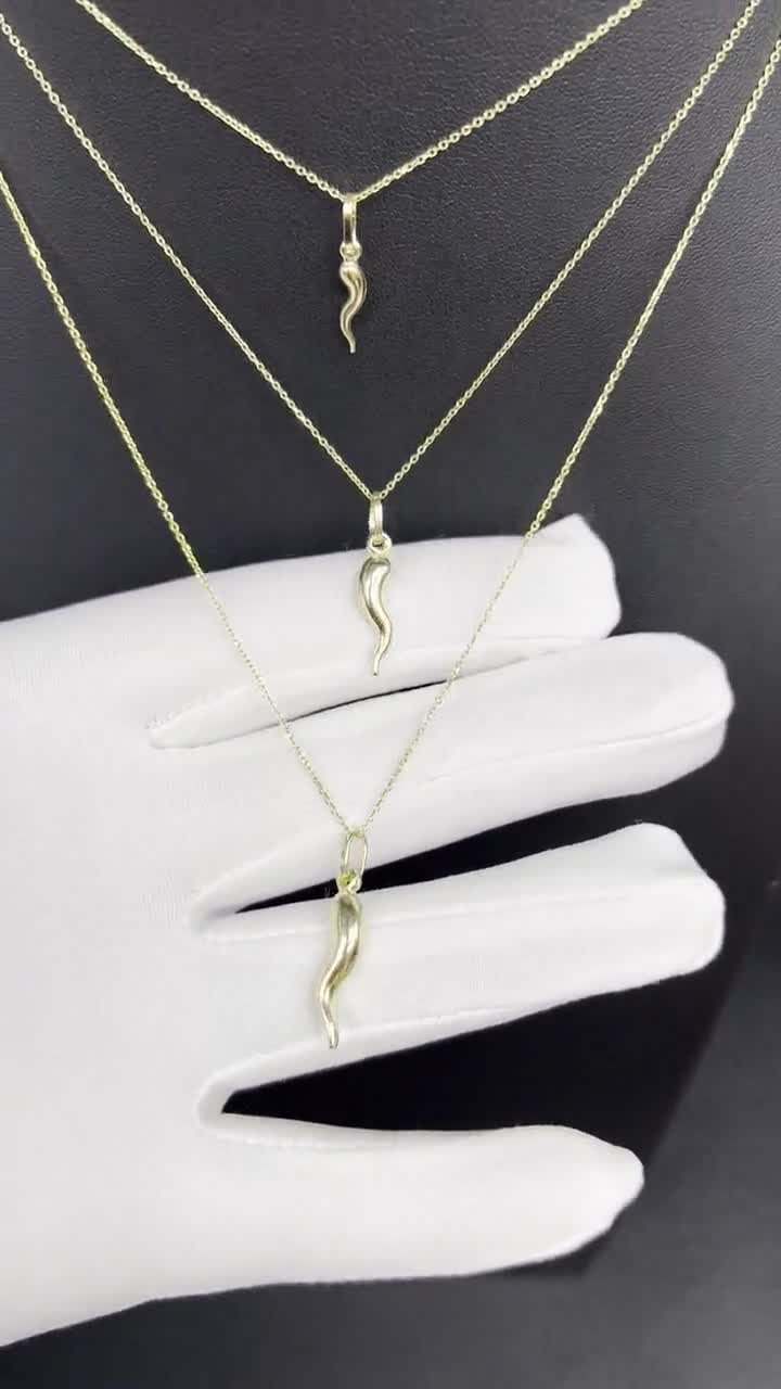 14k Real Gold Italian Horn Pendant Necklace, with 14k Solid Gold 1mm Cable Chain, Horn Pendant, Real Gold Italian Horn Pendant video poster