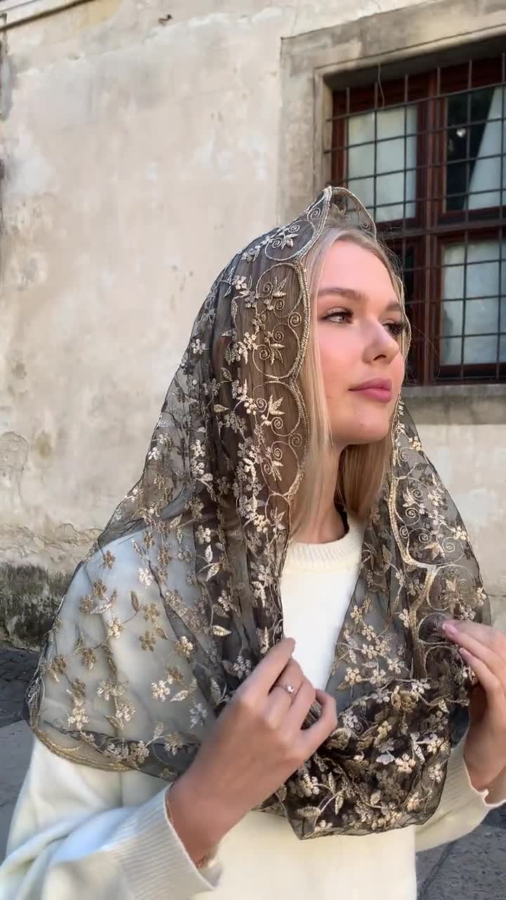 Black infinity veil, Gold Latin mass veil, Infinity Catholic veil