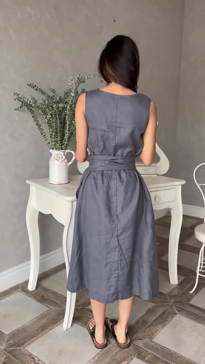 chinese dress ladies Blue White Stripes Linen Rhapsody Dress