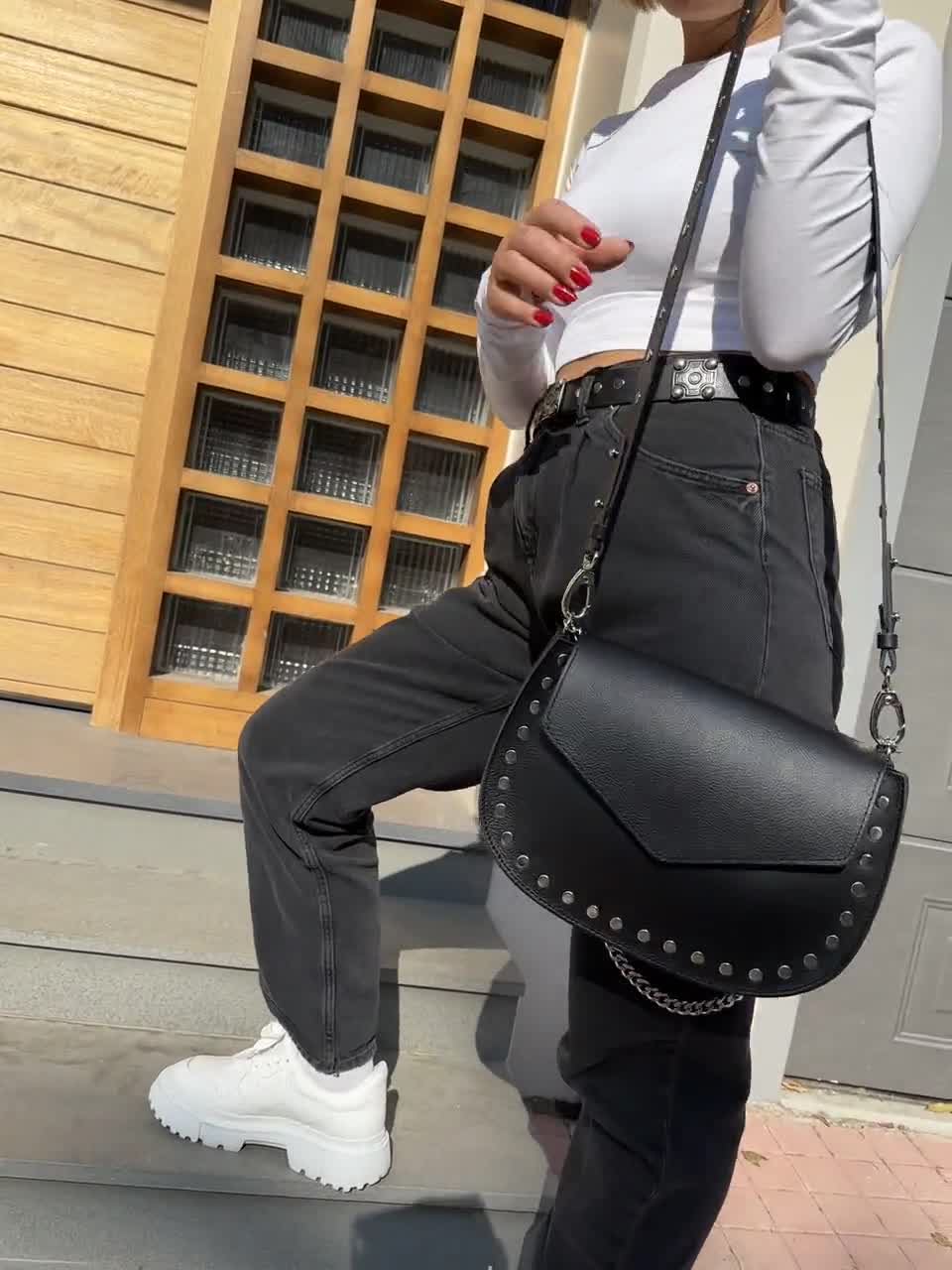 Black Leather Shoulder Bag, Women Leather Purse With Silver
