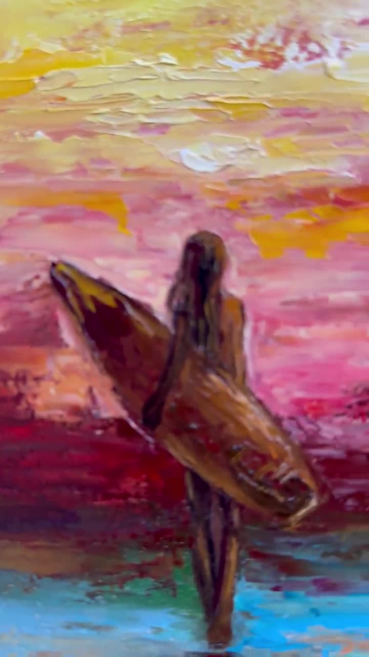esow 作品 木製　アート サーフィン 絵画 art サーファーガールの絵画：インパストビーチサンセットアート（8x12
