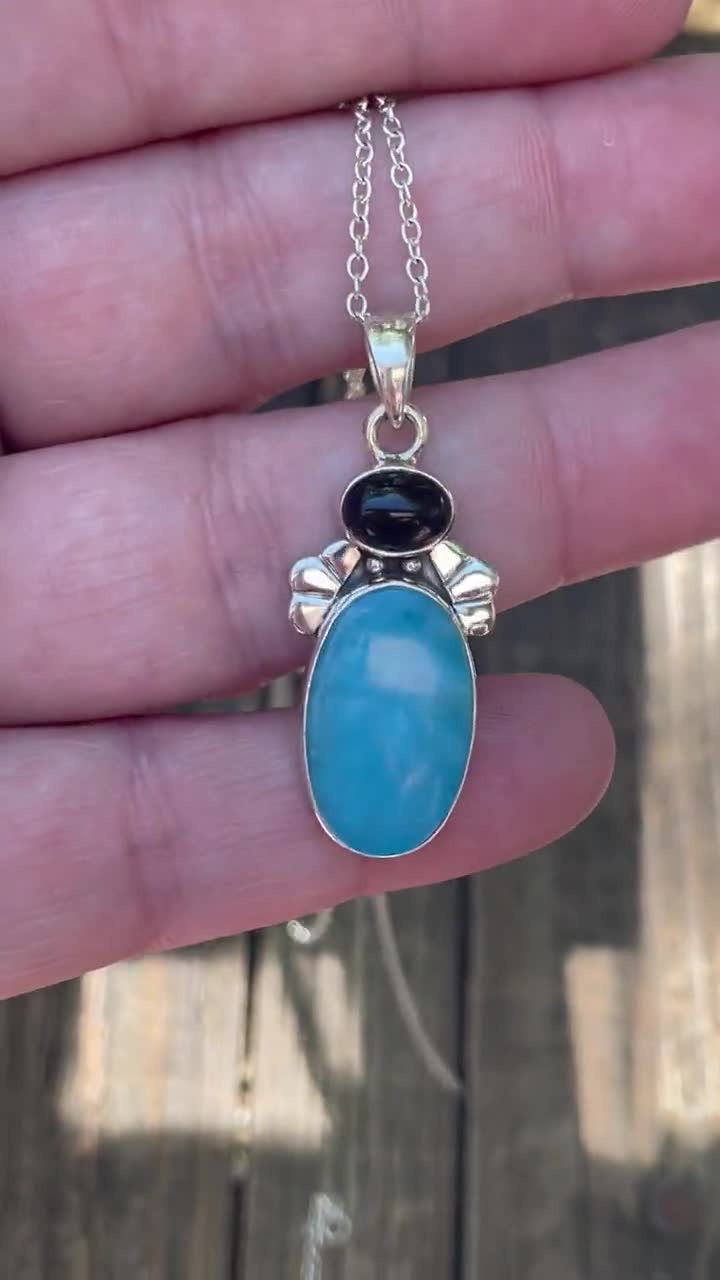 Rare Blue Smithsonite 925 Sterling Silver Artisan Pendant, Black Onxy high quality Gemstone Necklace