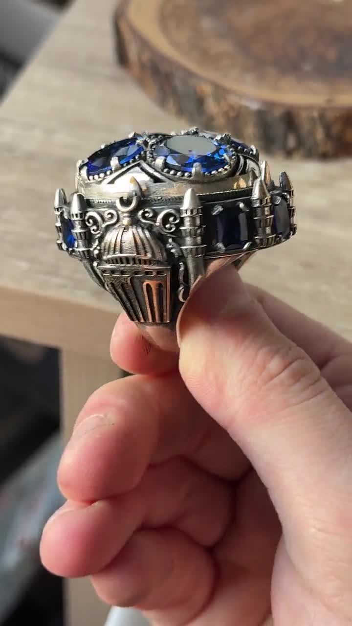 トルコ製ハンドメイドサファイア宝石リング、大きなモスクイスラム