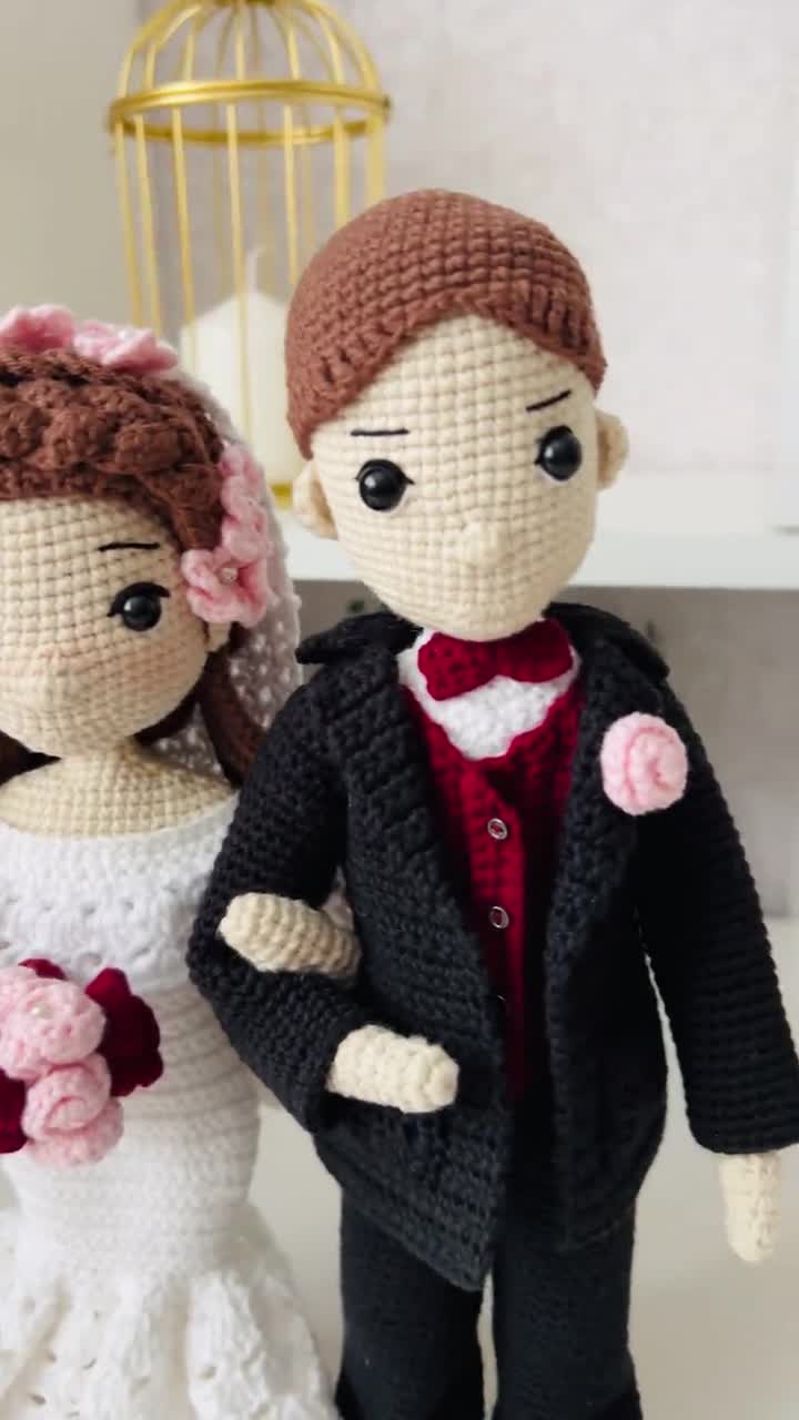花嫁と花婿のかぎ針編みパターン、編みぐるみウェディングドール
