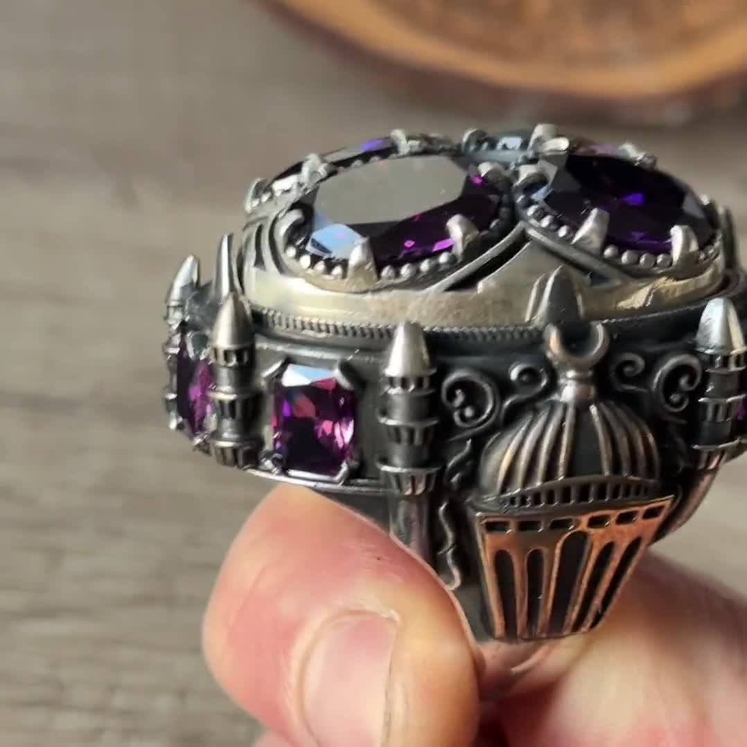 シルバーの大きなアメジスト宝石リング、イスラムのモスクのオスマン