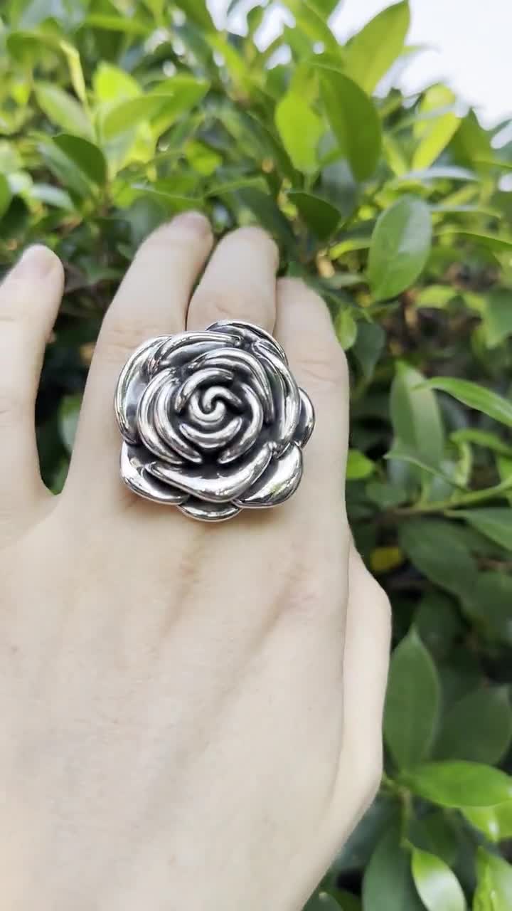 Extra Large Rose Flower Ring STERLING SILVER 925 Massive Silver