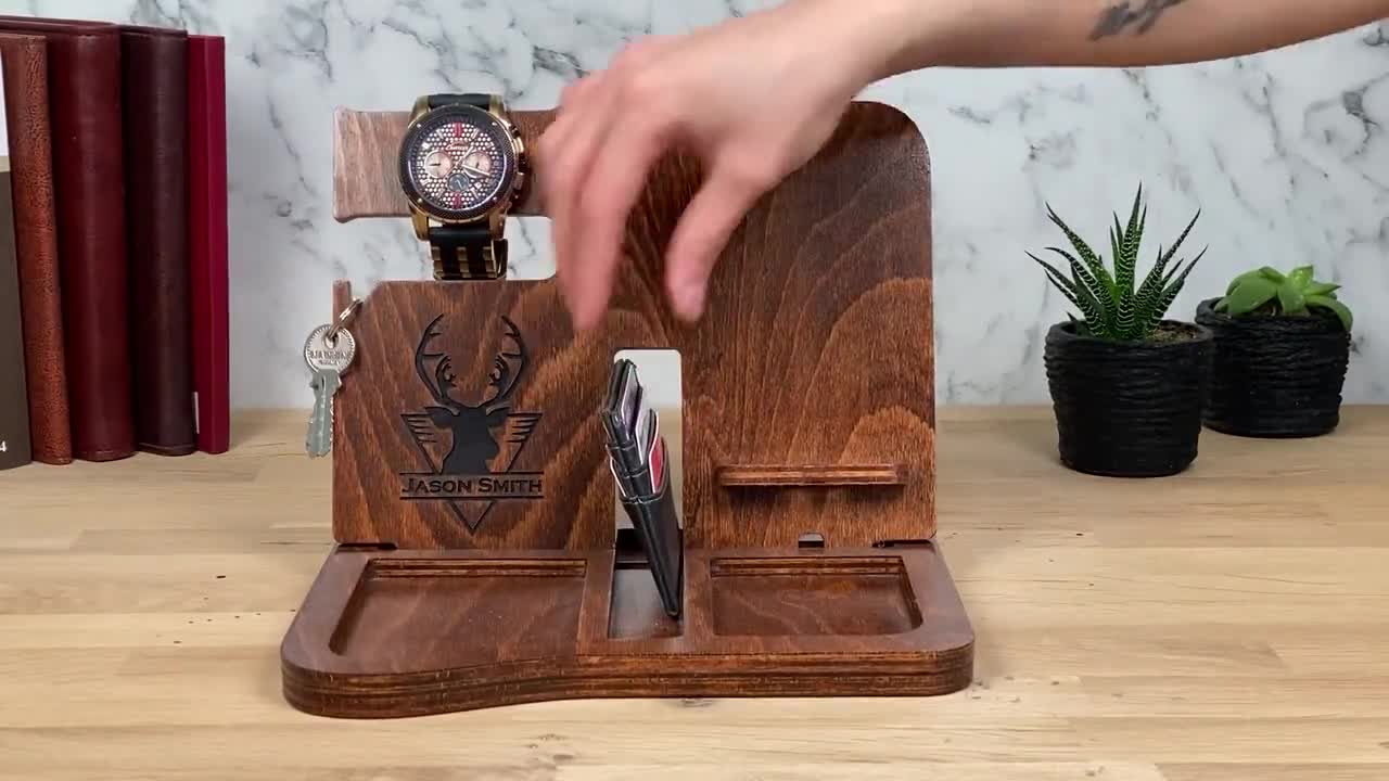 Regali per gli uomini Organizzatore del comodino di Natale per lui Regali  di compleanno per lui Docking Station per telefono in legno Porta chiavi  Portafoglio Stand Watch Organizer Org di legno