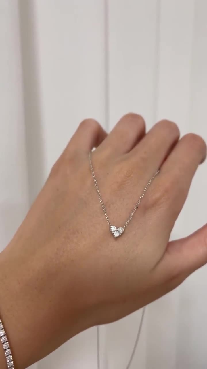 3 Diamond Heart Necklace, 3 Stones, Love Necklace 3 Diamond Heart Necklace, 3 Stones, Love Necklace