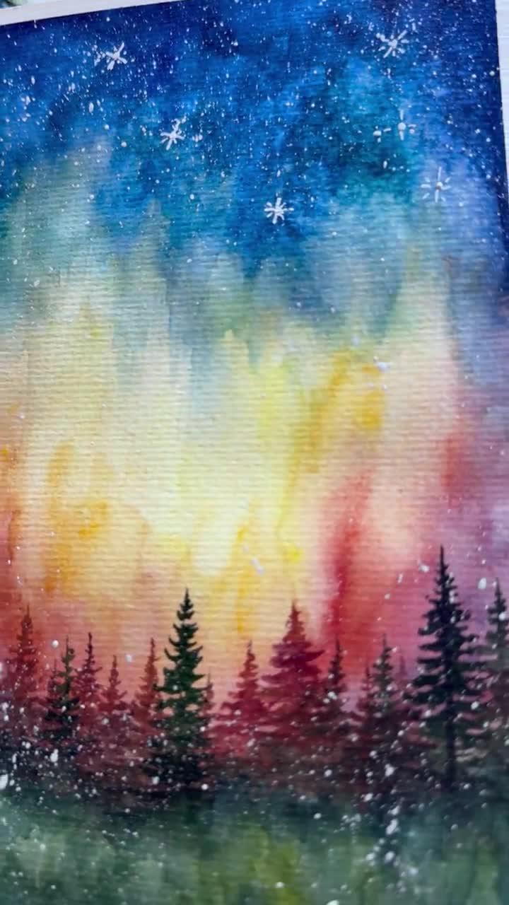 オリジナル星空水彩画：松の木と銀河のアート（6 x 8インチ） - Etsy 日本