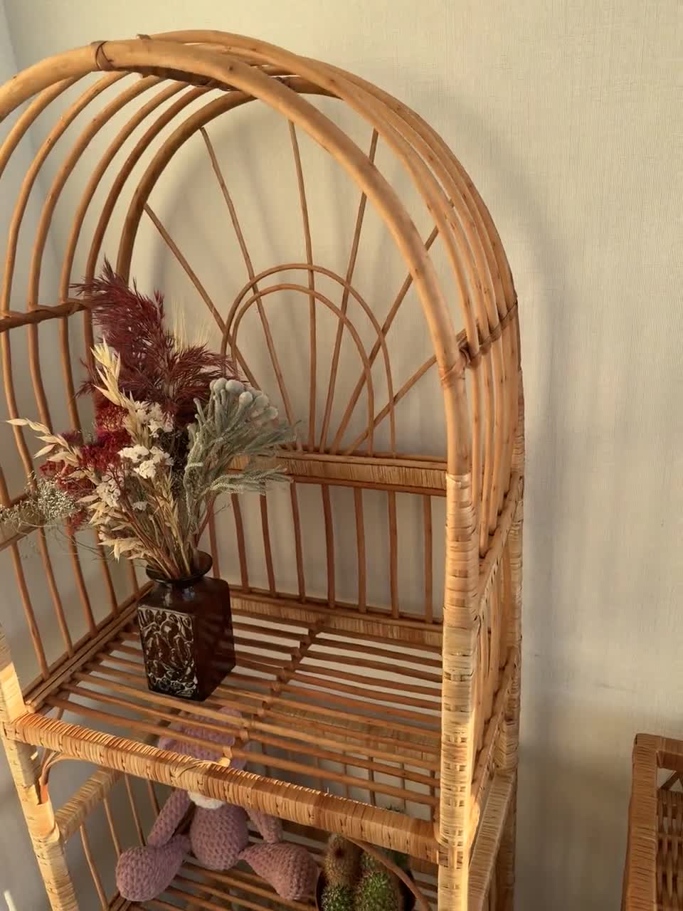 アーチ型の籐の棚、植物スタンド、天然の籐の棚、ボヘミアン家具