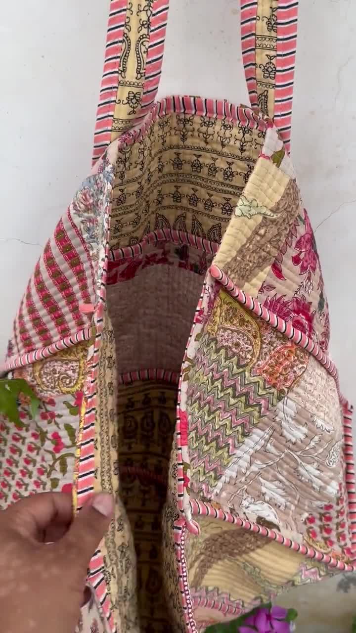 キルティングパッチワークトートバッグ：ハンドメイドコットン