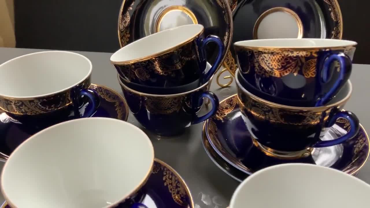 Vintage Lomonosov Porcelain Tea Cup Duo: Cobalt Blue, Gold Hand