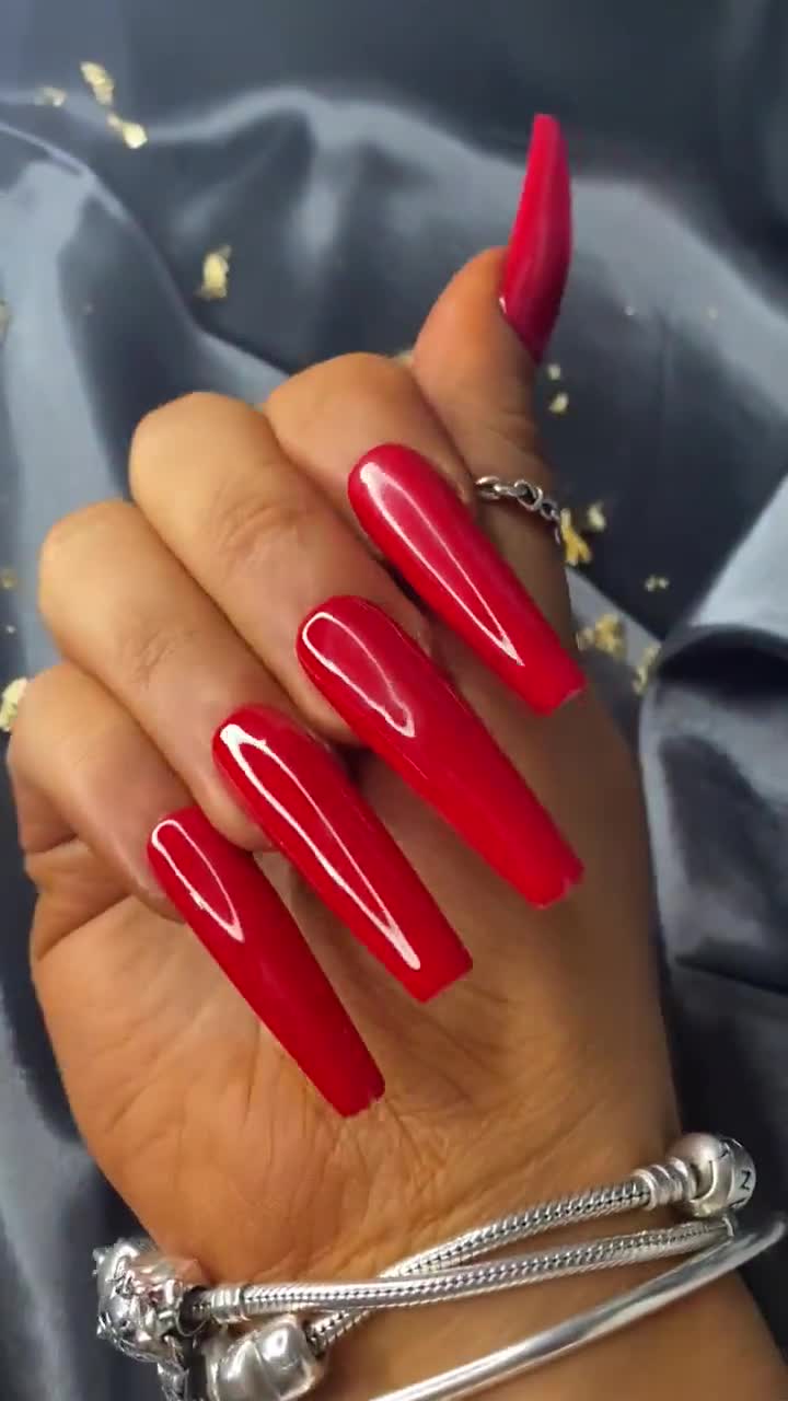 Luxe XXL Pinched Coffin Ruby Red Gel Nails, Custom Press on Nails