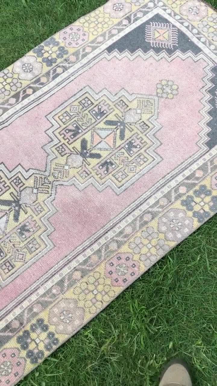 3x7 Turkish Runner, Pink Vintage Rug, Oushak Area Rug for Entryway