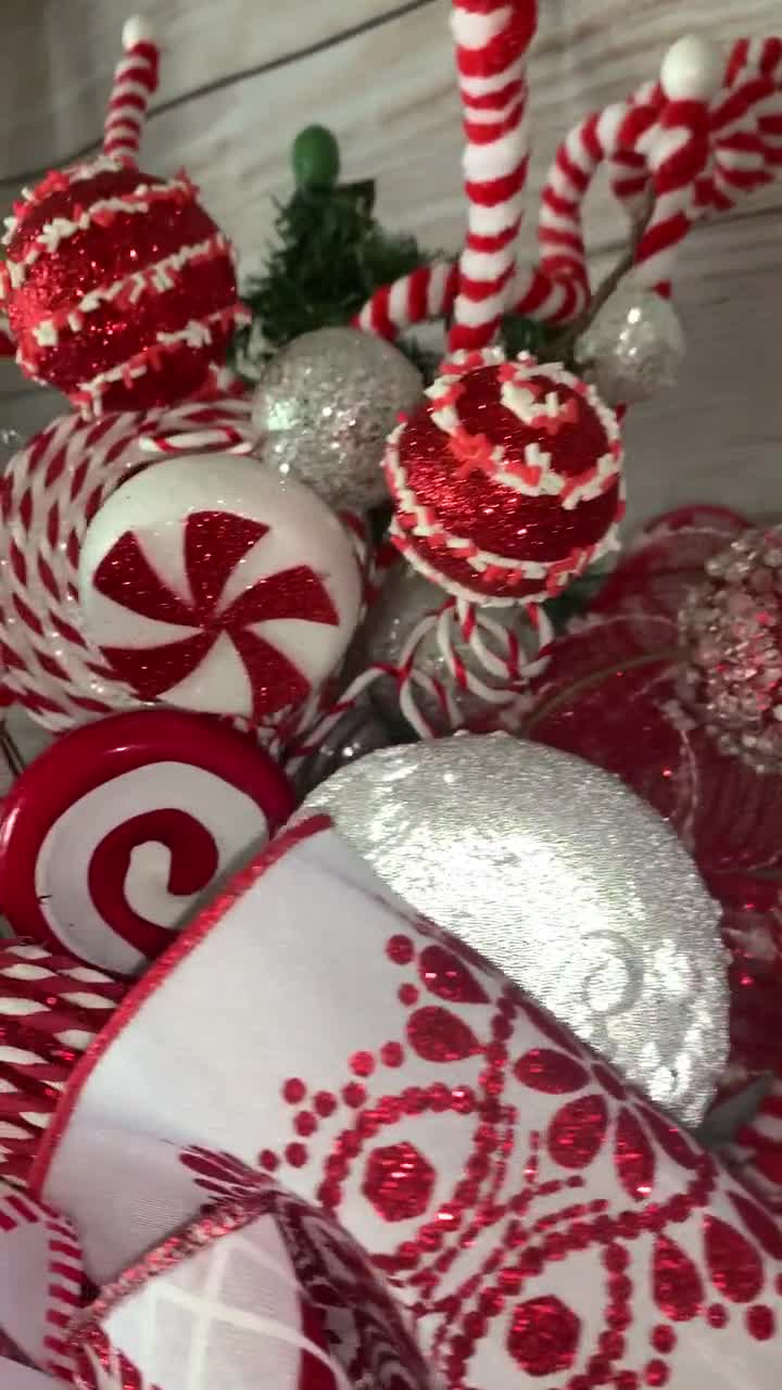 Christmas Candy Canes Tree Topper-Featuring A Red and Green Peppermint Candy Style Bow with Streamers and Lollipop Trim The Holiday Aisle