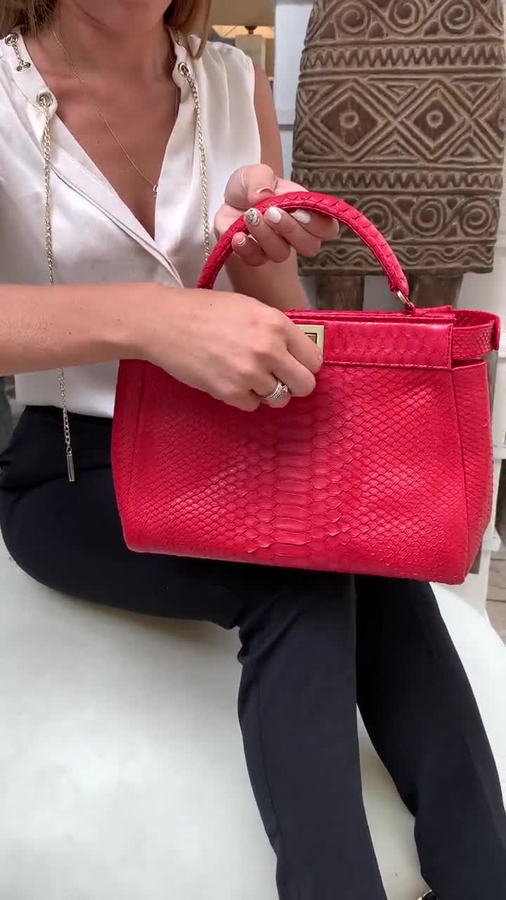 Red Genuine Python Top Handle Bag Snake Skin Handbag Exotic 