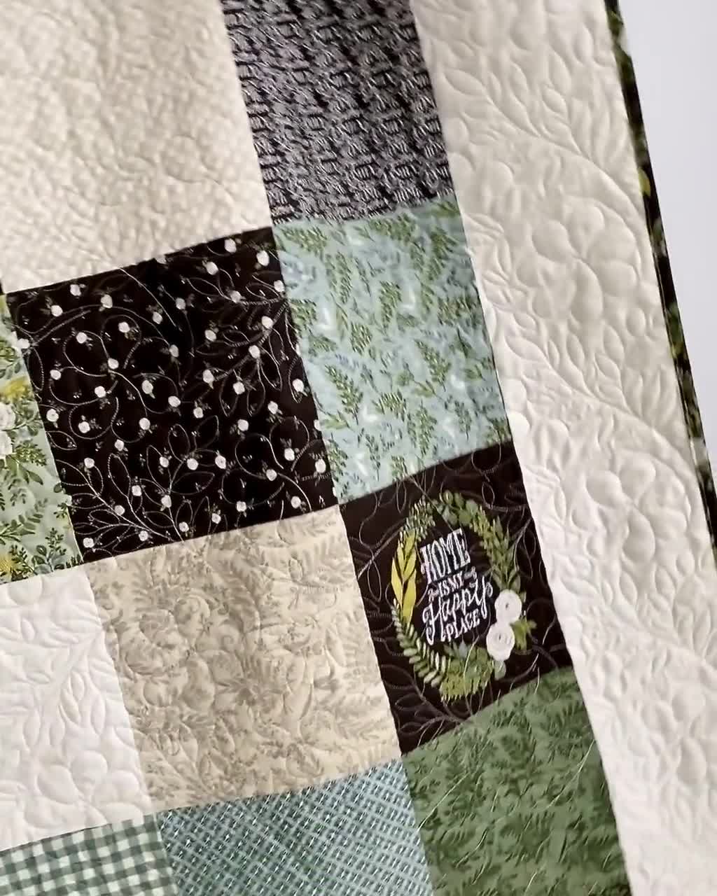 Patchwork Quilt W/ Designer Fabric Green White Black Dusty Blue Collection  Moda Fabrics Keepsake Quilt Studio 