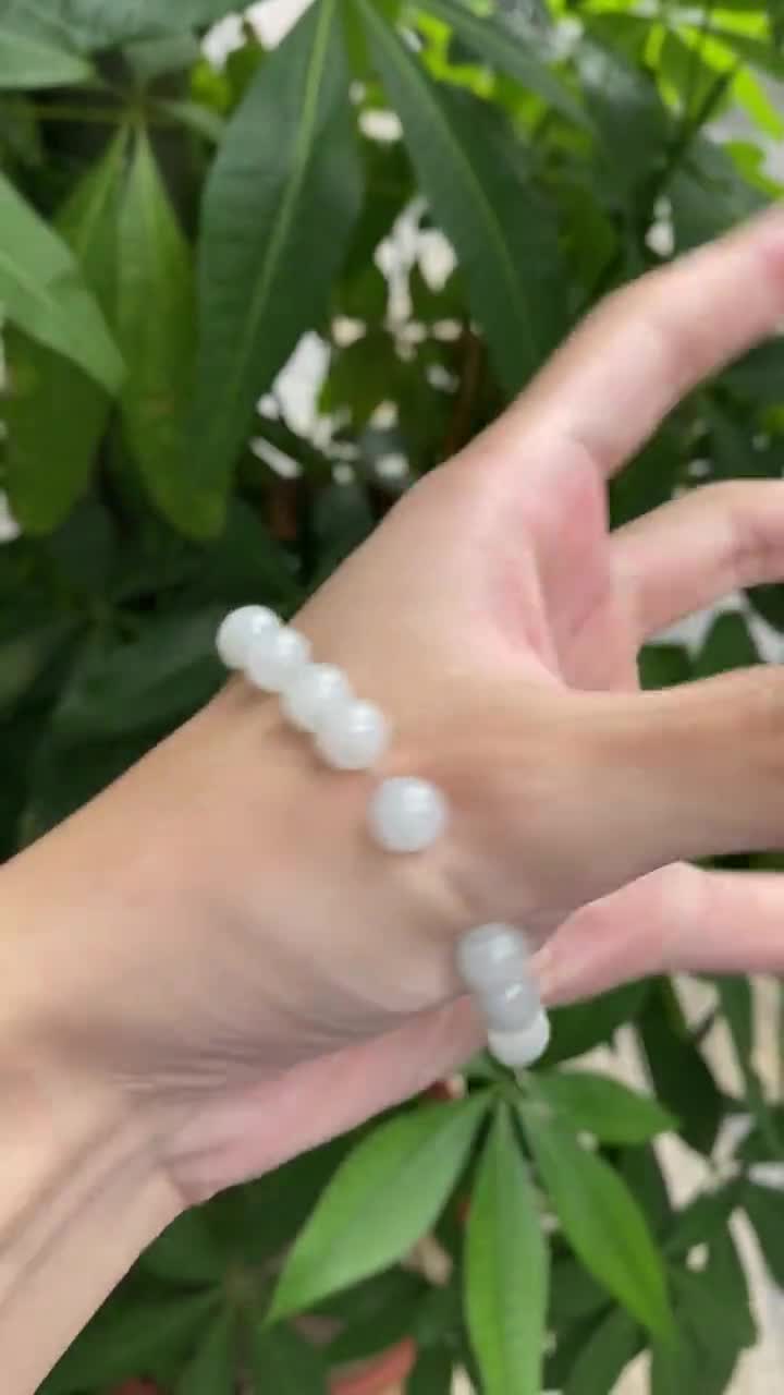 ホワイト＆グリーン翡翠ビーズブレスレット、本物の天然翡翠宝石