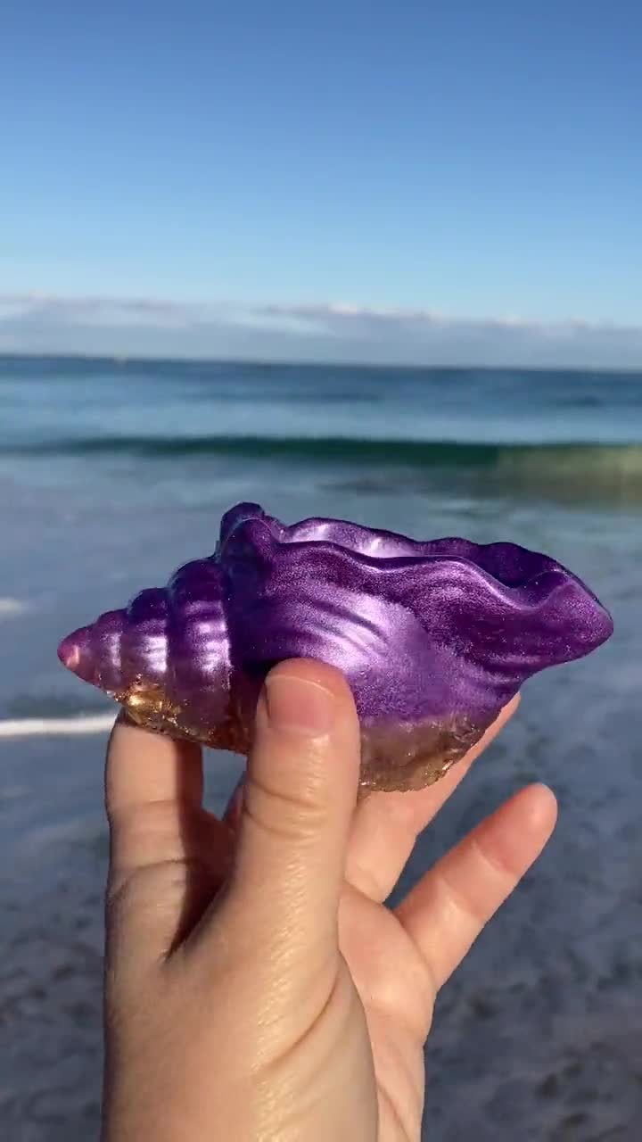 Purple and Gold Conch Shell Resin Trinket Dish, Beach Themed Gifts