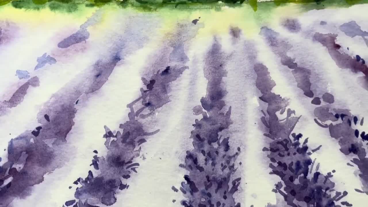 オリジナル水彩画ラベンダー畑：フランス・プロヴァンスの風景画