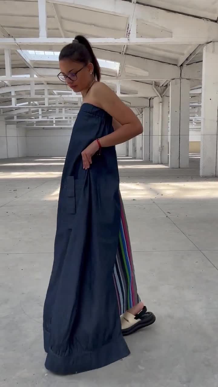 chinese dress ladies Medium Wash Strapless Denim Maxi Dress – Cindy Jane Boutique main image 1