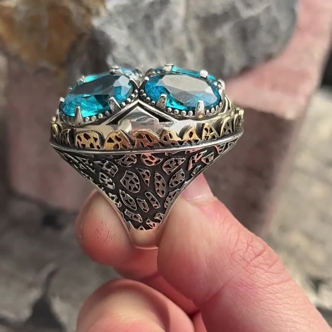 メンズシルバーアクアマリンジェムストーンリング、ラージアクアマリン