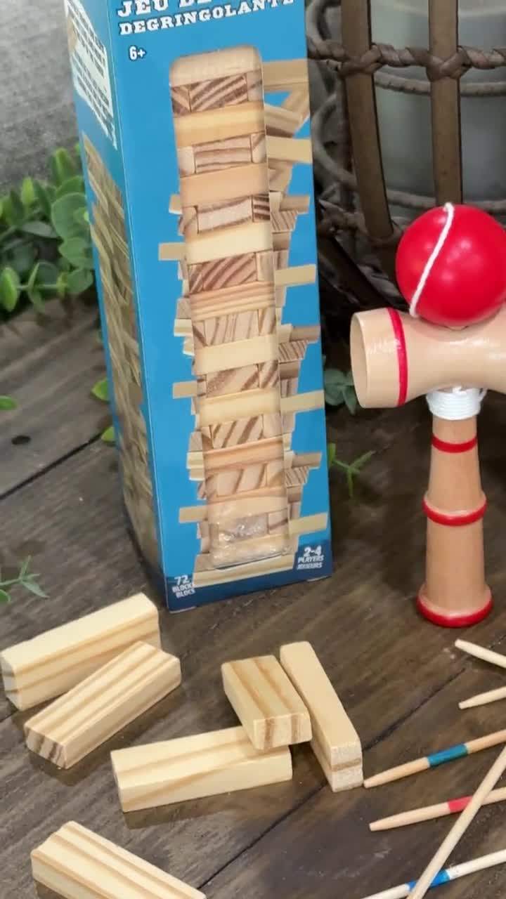 Classic Wooden Game Set – Tumbling Tower, Pick-Up Sticks & Kendama video poster